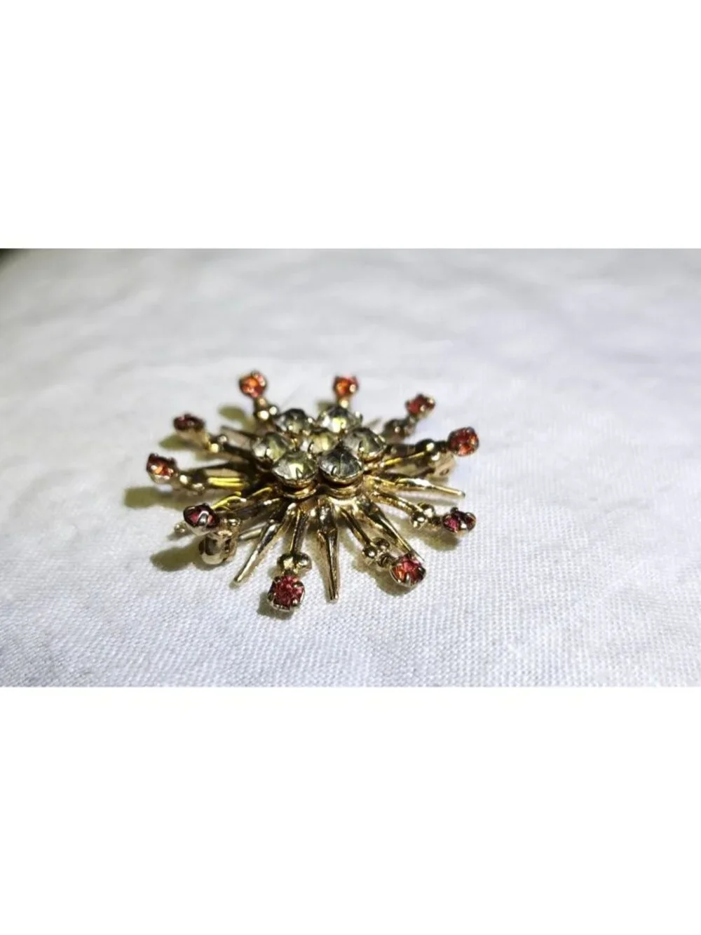 Vintage Gold Tone Asteroid Brooch Pink & Clear Rhinestones Mid-Century Starburst